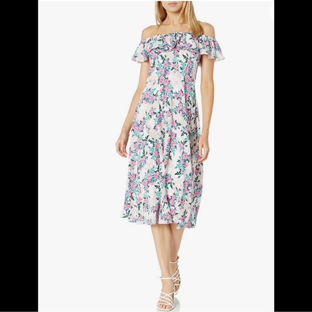 Betsey Johnson floral mid dress off the shoulder cream white pink green